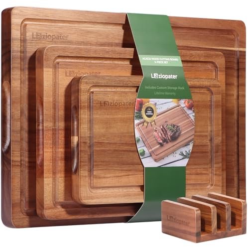 Acacia Wood Cutting Board Set of 3, Deep Juice Grooves.
