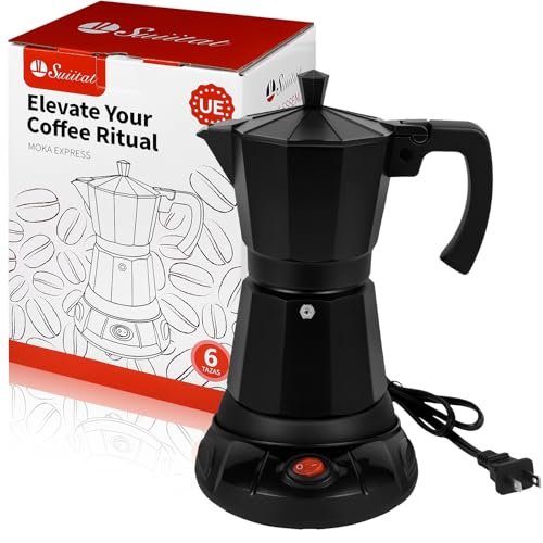 Suiitat Black Aluminum Electric Moka Pot, 3 or 6 Cups.
