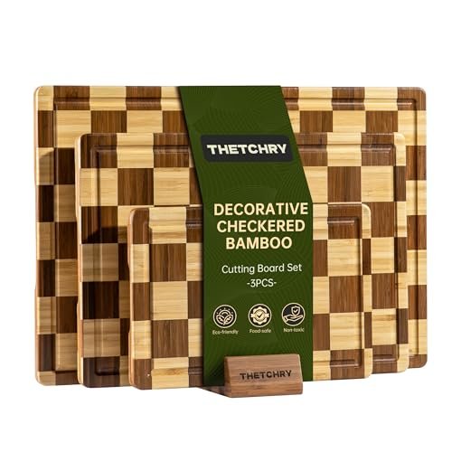 3 Pack Checkered Bamboo Cutting Board Set, Thick End Grain