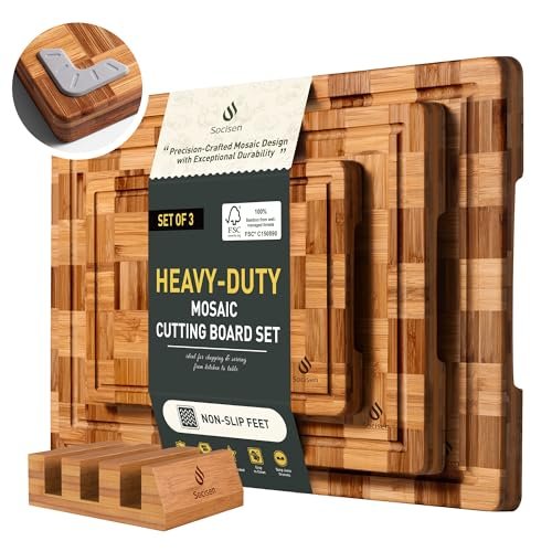 3 Pack Heavy Duty Bamboo Cutting Board Set with Juice