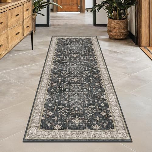 Black Boho Washable 2x6 Runner Rugs for Hallway and Kitchen