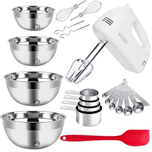 5-Speed Electric Hand Mixer, 4 Large Mixing Bowls Set