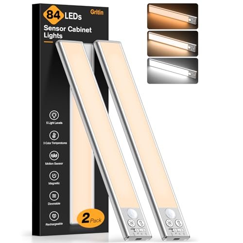 Gritin 10.2inch Under Cabinet Lighting Rechargeable 2 Pack...