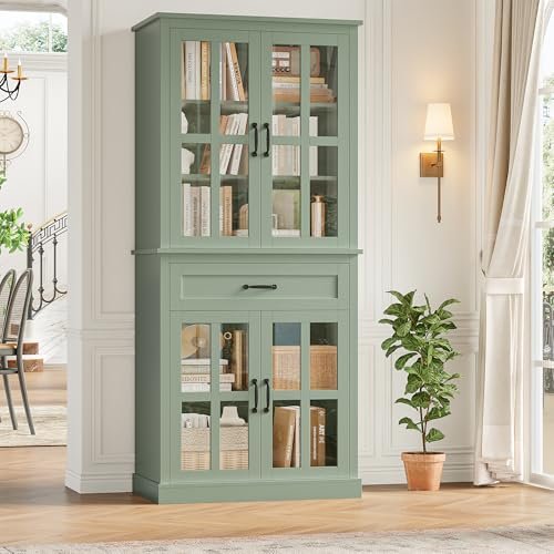 FOTOSOK 71'' Tall Kitchen Cabinet with Glass Doors and...