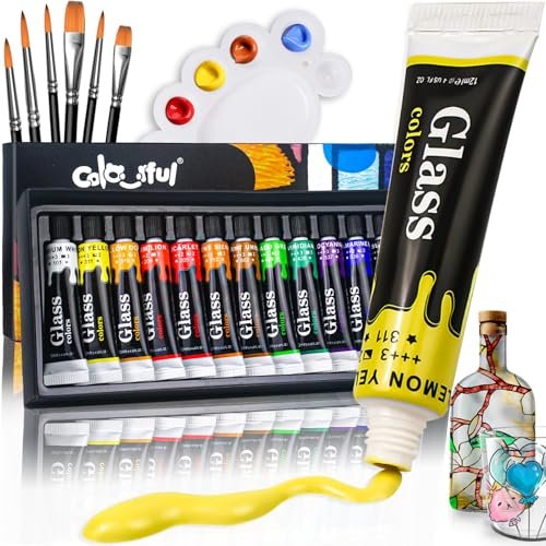 Colorful Acrylic Glass Paint Set with 6 Brushes, 12 Colors