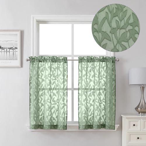 Lecloud Leia 36 Inch Sheer Curtains Sage Green Tiers