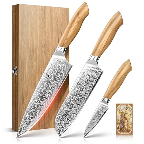 Emojoy Damascus Kitchen Knife Set, 3 PCS Olive Wood Handle