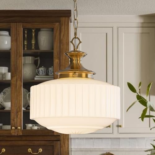 Vintage Brass Milk Glass Pendant Light Fixture, 13.8
