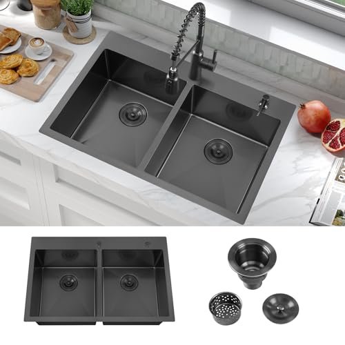 ATTOP 33 Inch Black Drop in Double Bowl Kitchen Sink