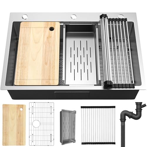 YITAHOME Drop In Kitchen Sink Workstation 33in, Single Bowl...