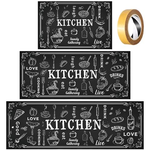 Bencailor 3 Pieces Kitchen Rugs Set Non Slip Washable Black