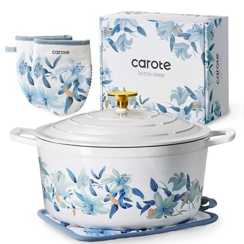 CAROTE 7QT Cast Iron Dutch Oven Pot Enameled Floral.