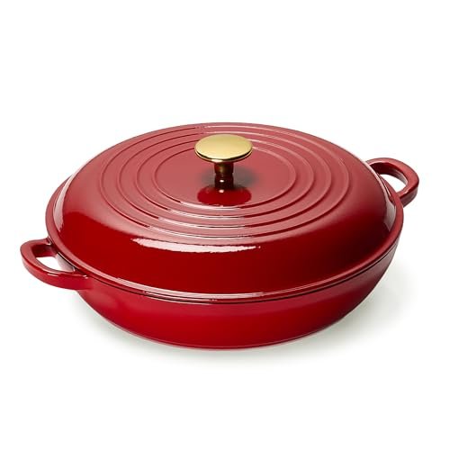 CAROTE 3.4QT Enameled Cast Iron Braiser Pan, Red with Lid
