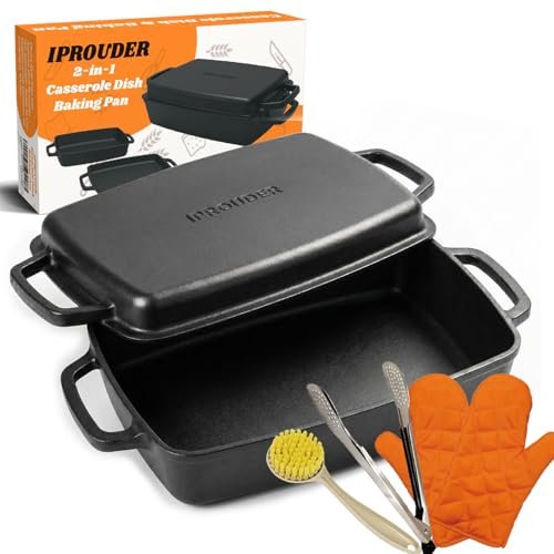 IPROUDER 2-in-1 Pre-Seasoned Cast Iron Casserole Dish...