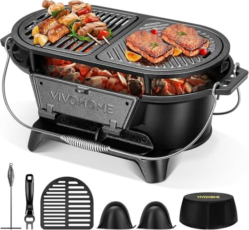 VIVOHOME Oval Cast Iron Grill with Interchangeable Grates &...