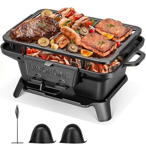 VIVOHOME Rectangle Cast Iron Charcoal Grill with Portable...