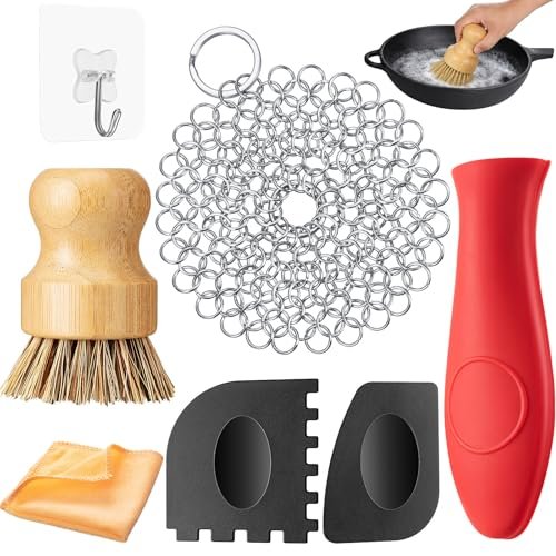 Patelai 7 Pieces Cast Iron Cleaner Set Scrubber and Brush