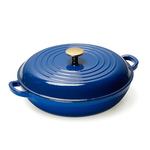CAROTE 3.4QT Enameled Cast Iron Braiser Pan, Blue Lid