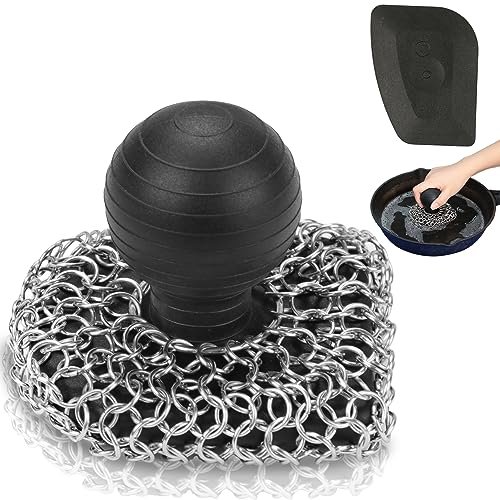 Cast Iron Scrubber with Pan Scraper, 316 Chainmail Cleaner...