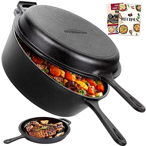 Overmont Cast Iron Skillet with Lid - 2-in-1 Dutch Oven,