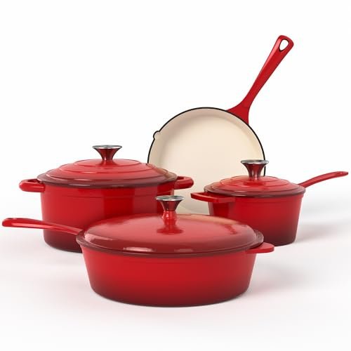 Kitchen Academy Enameled Cast Iron Cookware Sets 7Pcs Non...