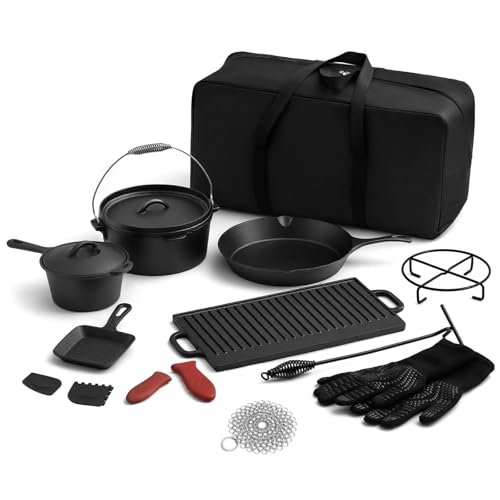 Geetery 15 Pcs Pre-seasoned Cast Iron Cookware Camping...