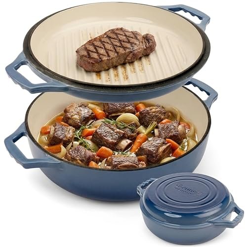 2-in-1 Enameled Cast Iron Braiser Pan with Grill Lid