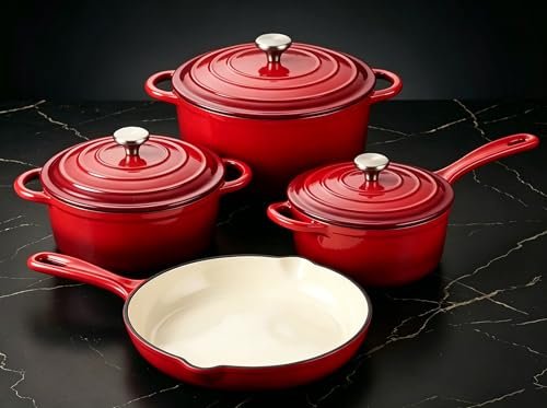 QuliMetal Enameled Cast Iron Cookware Set, 4-Piece Rouge...