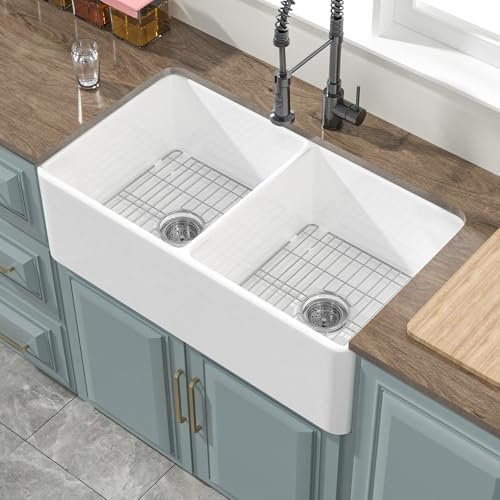 HOMLYLINK Double Bowl Farmhouse Sink White 33 x 18 Inch