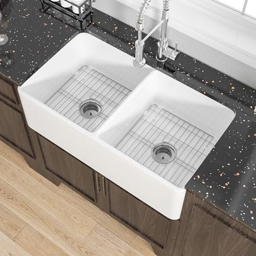 Miuara Farmhouse Sink Double Bowl 33 Inch - White Apron