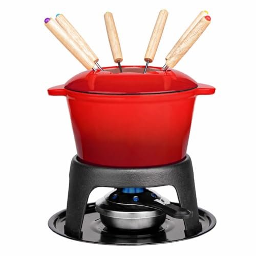 Mabeeze Cast Iron Fondue Pot Set Red Enameled Food