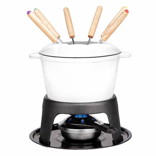 Mabeeze Cast Iron Fondue Pot Set White Enameled Cheese