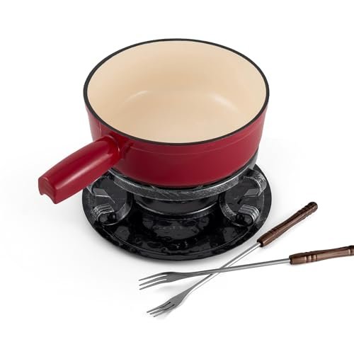 Swissmar Lugano Cast Iron Cheese Fondue Set, Red, 9-Piece