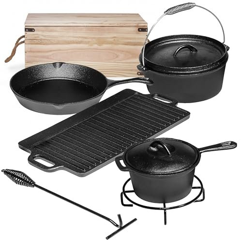 Bruntmor Camping Cooking Set Of 7. Pre Seasoned Cast Iron.