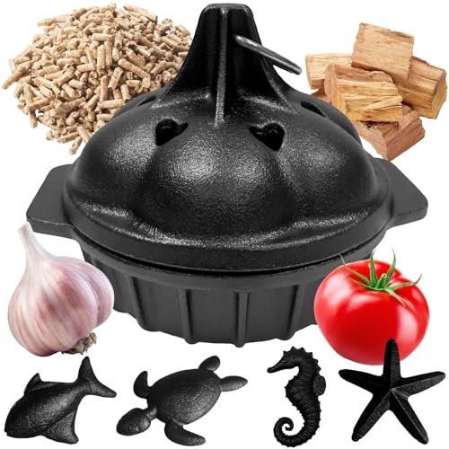 UKENEM Small Cast Iron Garlic Roaster with 4 Iron Fish