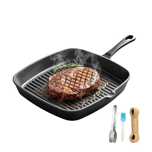 Cast Iron Grill Pan, 9.5 inch Square Skillet with Spout