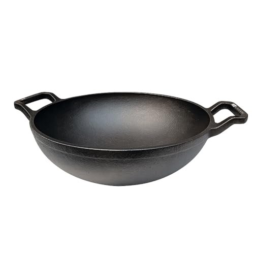 LIVEVIE Cast Iron Deep Kadai Wok with Dual Handles