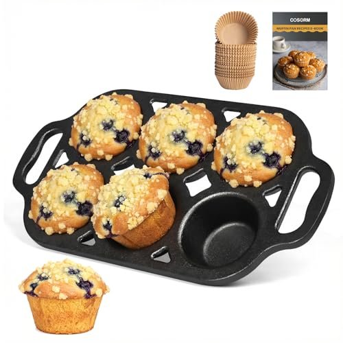COSORM 6 Cup Cast Iron Muffin Pan Pre-Seasoned Nonstick