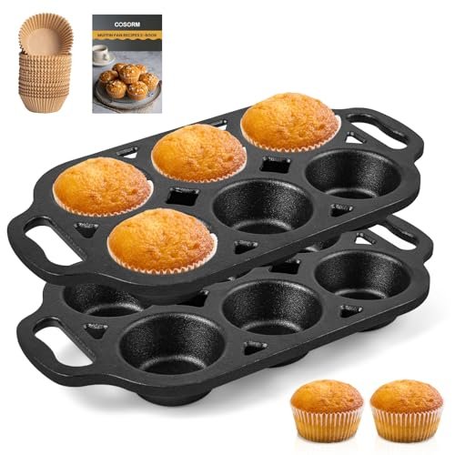COSORM Pre-Seasoned Cast Iron Muffin Pan - 6-Cup Nonstick