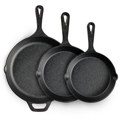 EWFEN Cast Iron Skillet 3-Piece Set, Heavy-Duty Pre-Seasoned