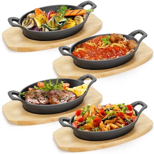 Mezchi 4 Pack Mini Cast Iron Fajita Sizzling Skillets