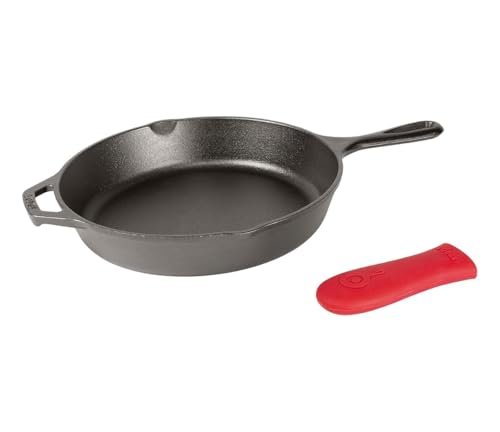 Lodge Cast Iron Skillet with Red Silicone Hot Grip...
