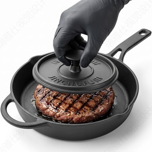 JINCHUFURI Cast Iron Skillets Set with Burger Press