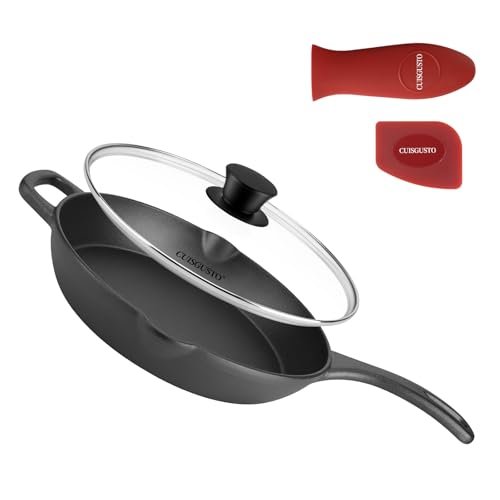 CUISGUSTO 10 Inch Cast Iron Skillet with Tempered Glass Lid