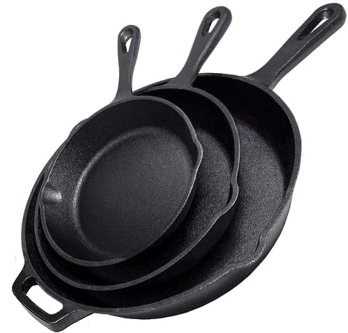 Simple Chef Cast Iron Skillet 3-Piece Set, Heavy Duty...