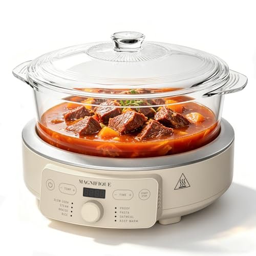 MAGNIFIQUE Slow Cooker, 4.5 Quart 8-in-1 Glass Borosilicate...