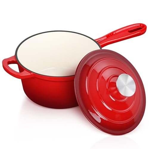 Enameled Cast Iron Sauce Pan with Lid, Leonyo 2QT Red.