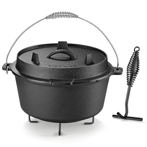Velaze 10QT Camping Dutch Oven, Pre-Seasoned Cast Iron