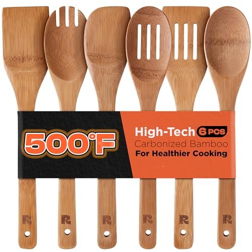 Riveira Dark Bamboo Wooden Spoons for Cooking 6-Piece Set