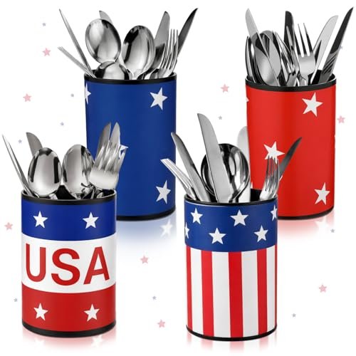 Qinyoung 4 Pcs Patriotic Utensil Holder 4th of July Crock
